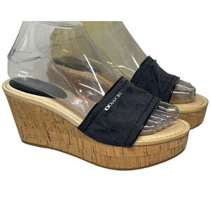 Coach Sz 7 Joanne Platform Wedge Sandals 3"H Black Signature C Jacquard Fabric